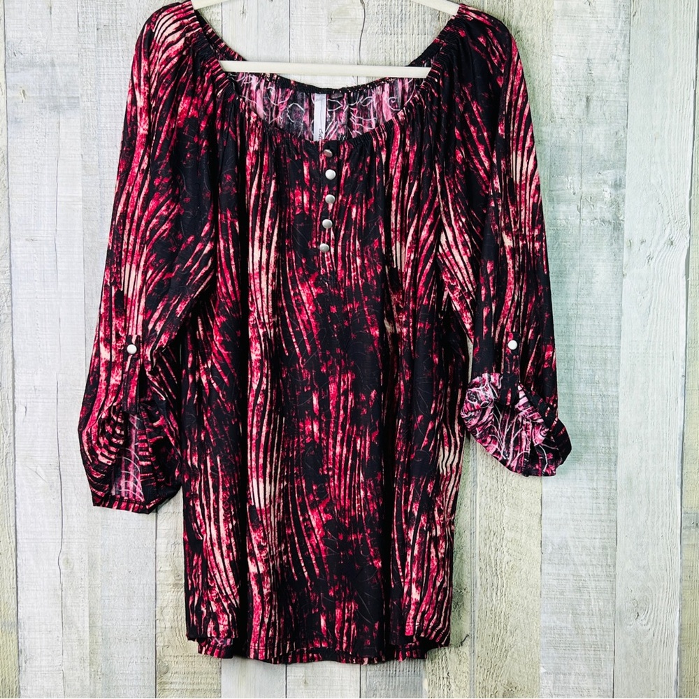NY Collection 3X Stretch Neck Black & Burgundy Textured Tunic Top Tabbed Sleeves